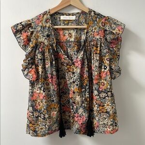 Anthropologie Bishop + Young Nadia Blouse Flutter Sleeve Top Floral Small S